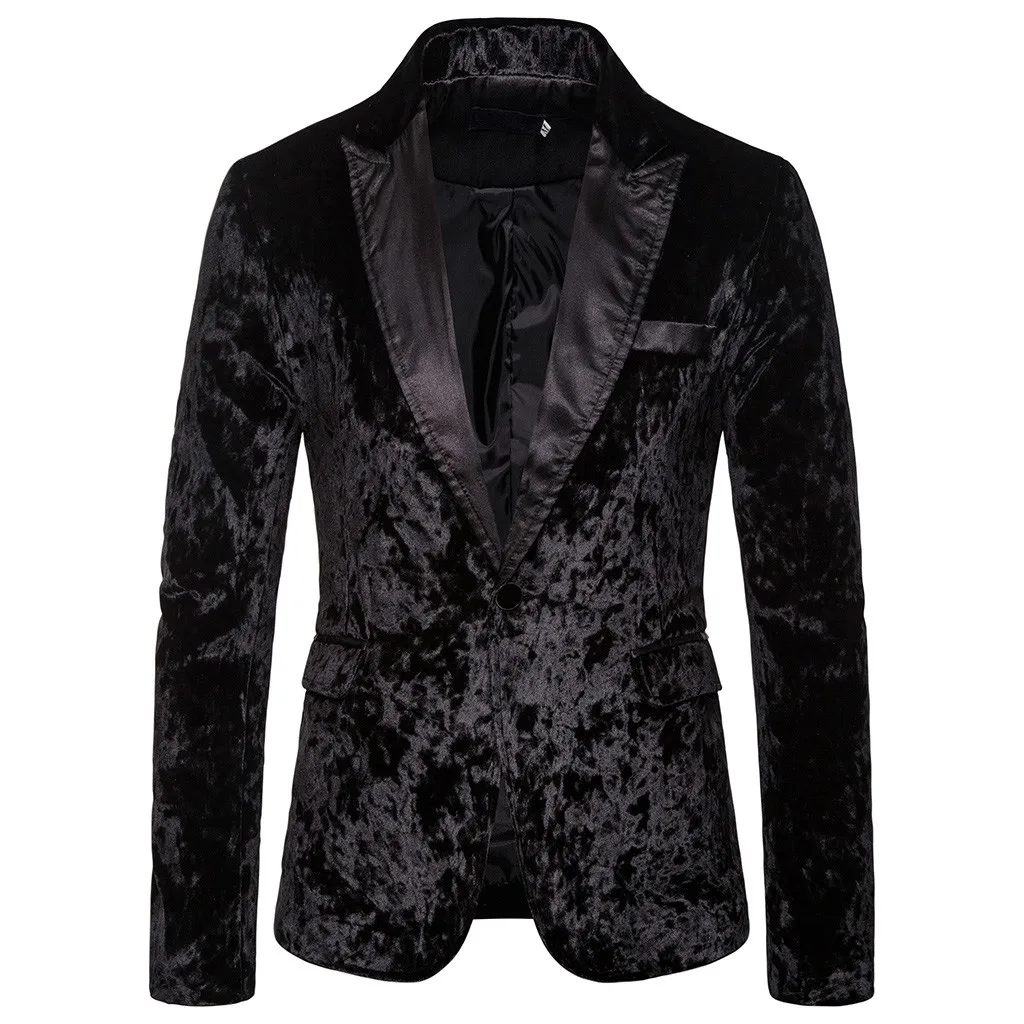 Black Men's Korean Velvet Blazer Winter Autunm New Fashion Charm Men Casual Fit Slim Suit One Button Business Coat Jacket Solid Blouse - Цвет: Black