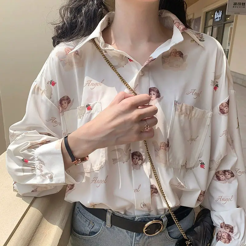 

Harajuku Collared Shirt Women Cupid Angel Print Women Shirts 2021 Fashion Long Sleeve Chemise Oversize Femme Elegant Chic