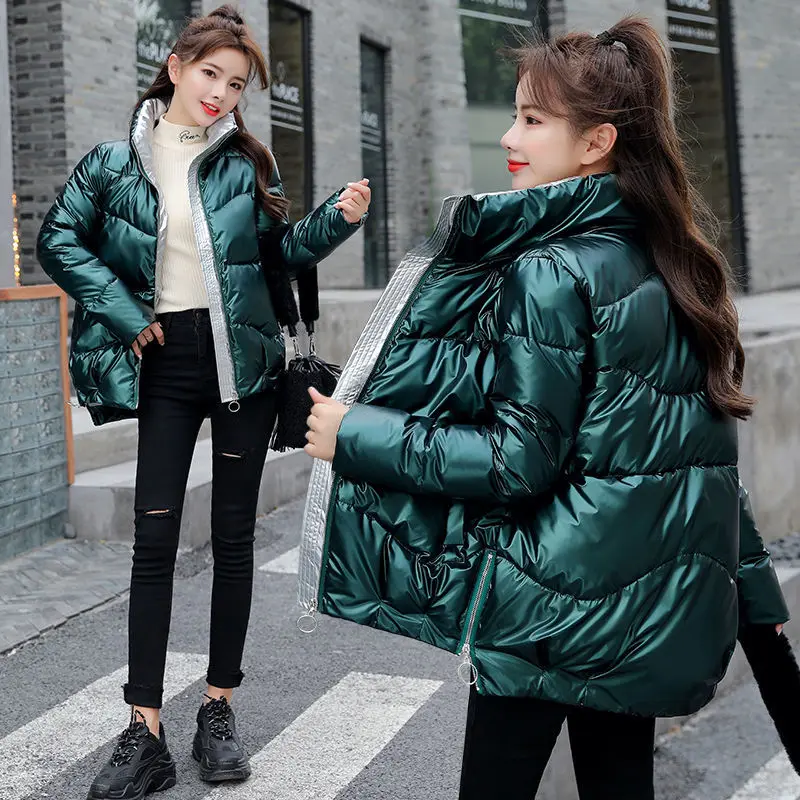 

Vogue Stand collar Parkas Glossy Down cotton Jacket Women's Nice Autumn Winter Pop Loose Thick Short Coat Warm Ladies Outwear