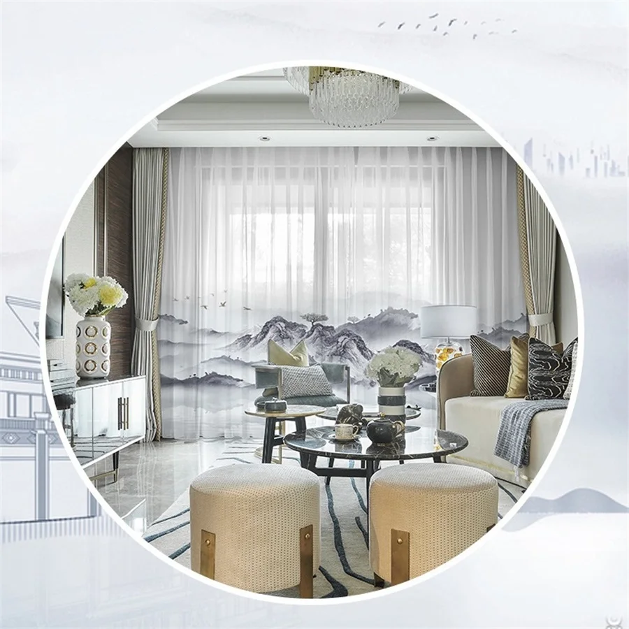 New Chinese Style 5D Digital Printed Desgin Window Screen Chiffon Fabric For Living Room Studyroom White Tulle AG 439#4 | Дом и сад