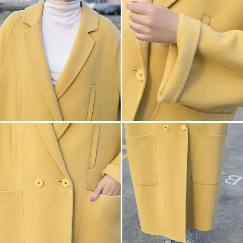 

Yellow double-sided cashmere coat women's 2020 new autumn and winter all-match black mid-length woolen coat