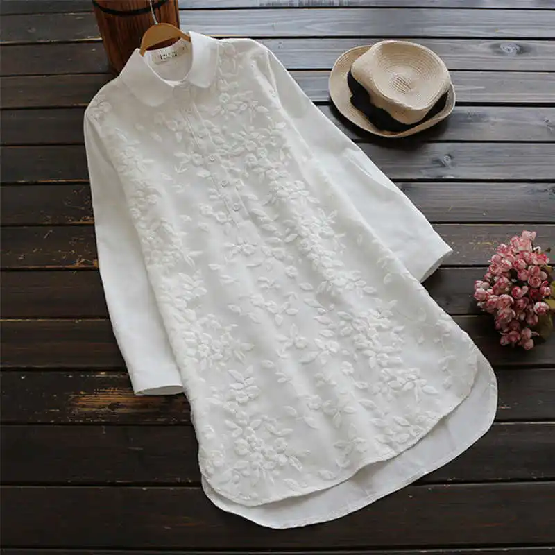 White-Long ZANZEA, летняя, осенняя женская блузка, v-образный вырез, вышивка, длинный рукав, рубашка, элегантные топы, для работы, Blusas, большие размеры, Blusa Femininas - Цвет: White-Long