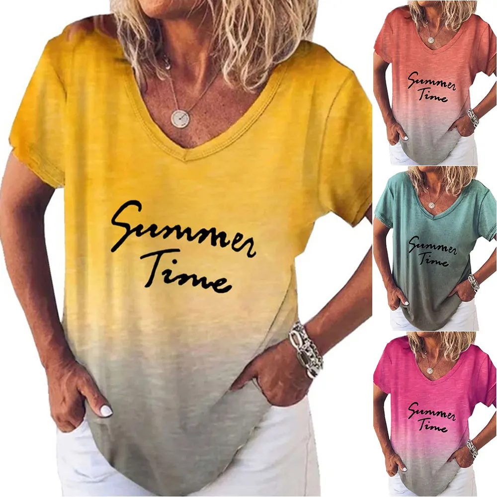 

Summer T Shirt Women Gradient Letter T Shirt Women Clothing V Neck Short Sleeve Top Tees Pullover Casual Loose T Shirt Female