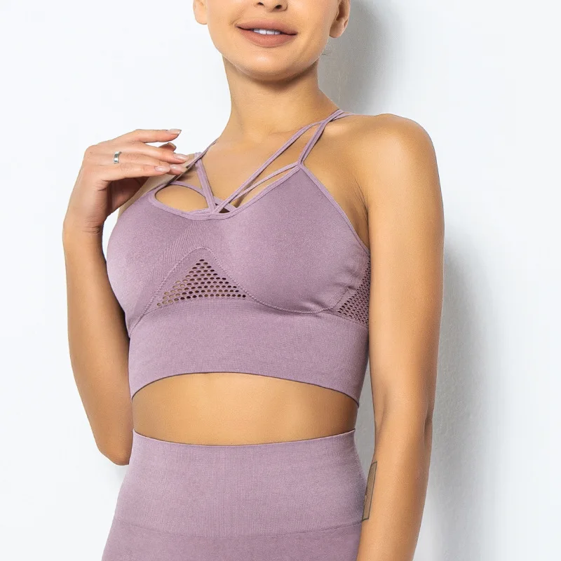 

Shi Nuoxuan 2021 seamless knitted bra lace-up beautiful back jacquard hollow sexy sports underwear yoga wear