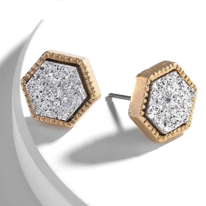 

Mini Square Druzy Fashion Designer Stud Earrings Resin Druzy Hexagon Brand Stud Earrings