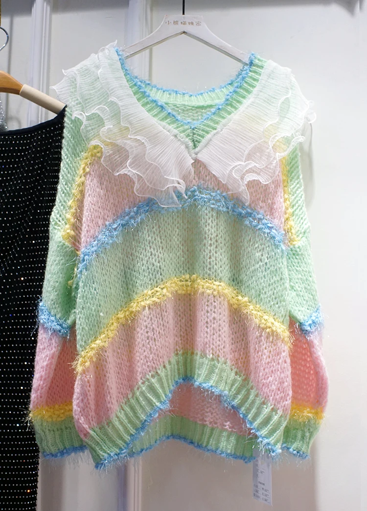 

Маленький свежий свитер в японском стиле, женский новый милый мягкий топ с длинными рукавами, свитер в полоску с кукольным воротником разны...