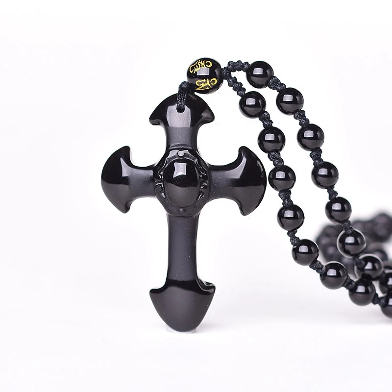 

Natural Black Obsidian Cross Necklace Pendant Cross Of Jesus Jade Pendant Lucky Pendants With Chain Jade Jewelry Accessories