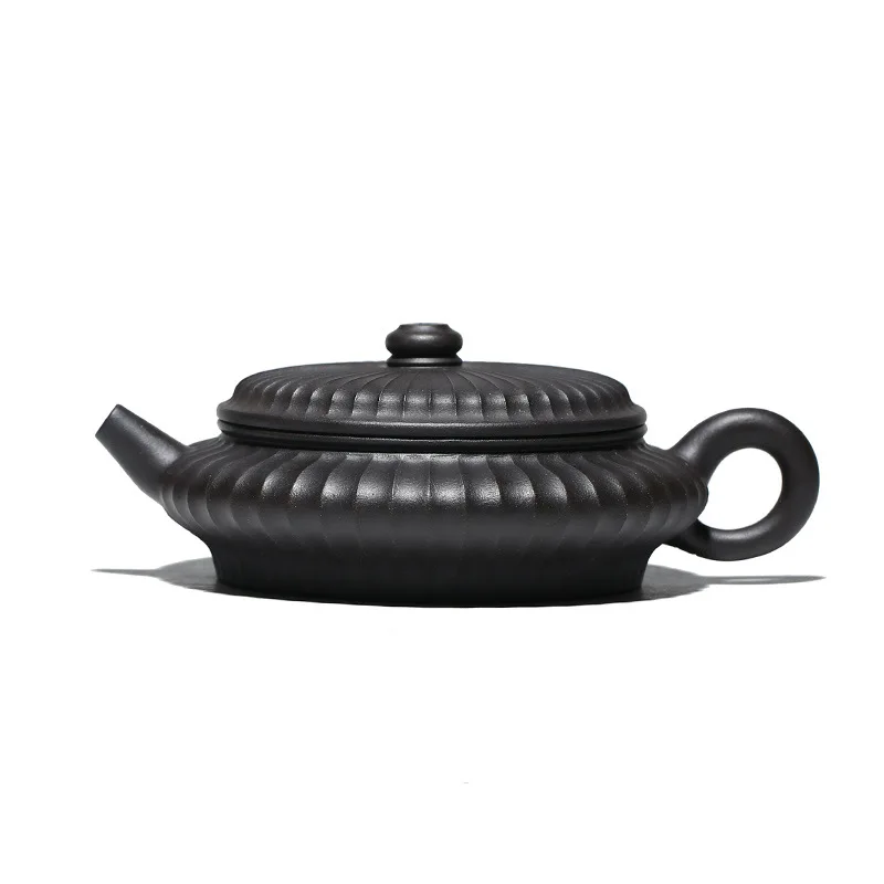 

Sand in the rain Yixing purple clay pot black mud rib pattern flat belly pot handmade pot sand in the rain goods