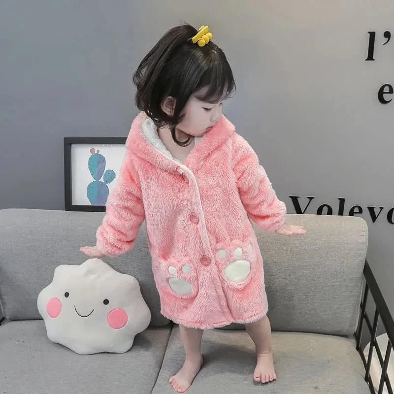 

2 Colors Baby Flannel Nightgown Autumn Winter Thickened Infant Nightdress Solid Color Sleepwear Boys Girls Robe Children'S Pajam