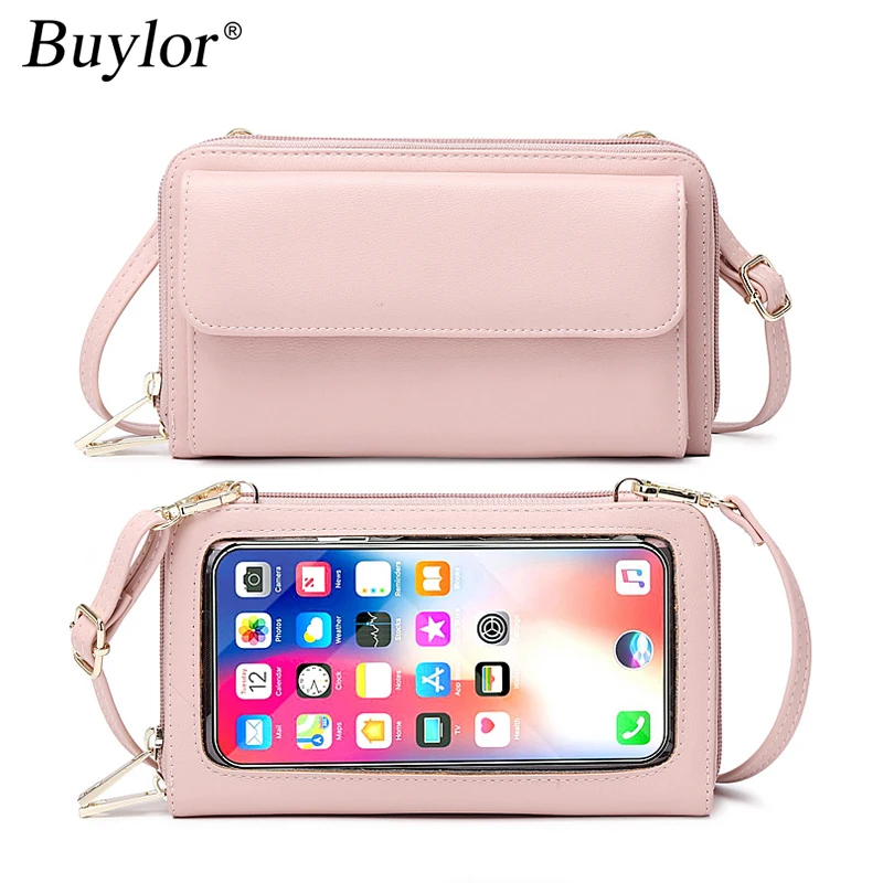 Buylor New Touch Screen Phone Women's Bag PU Leather Crossbody Shoulder Strap Handbag for Women FID Anti-theft Brush Long Wallet