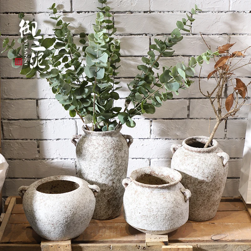 

Pottery Vase Flower Arrangement Living Room Ornaments Retro Clay Pot Plant Container Adornos Salon Balcony Decor
