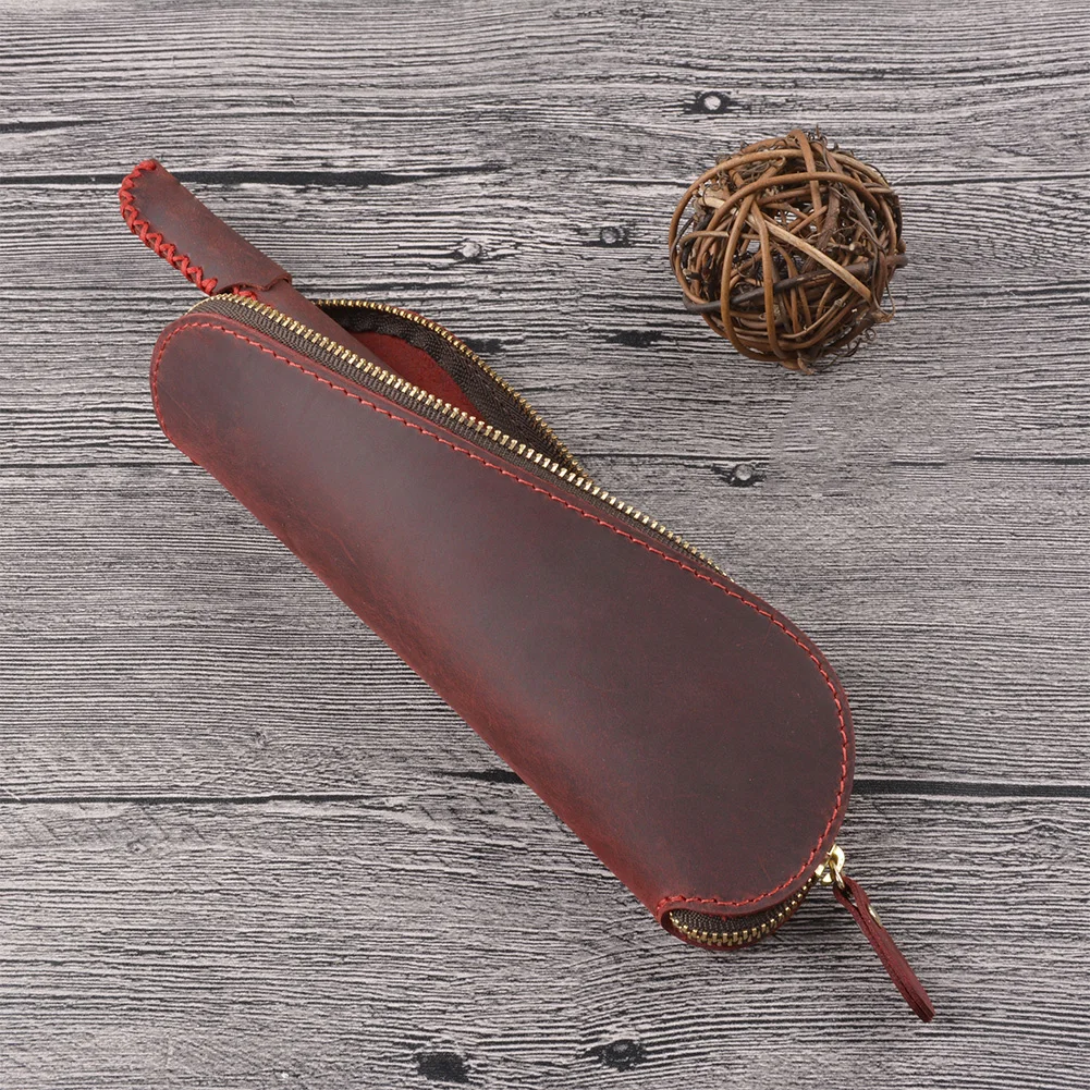 

Pencil Bag Brush Holder Casual Multifunction Storage Handmade Soft Pouch Makeup Zipper S Shaped Vintage PU Leather Portable