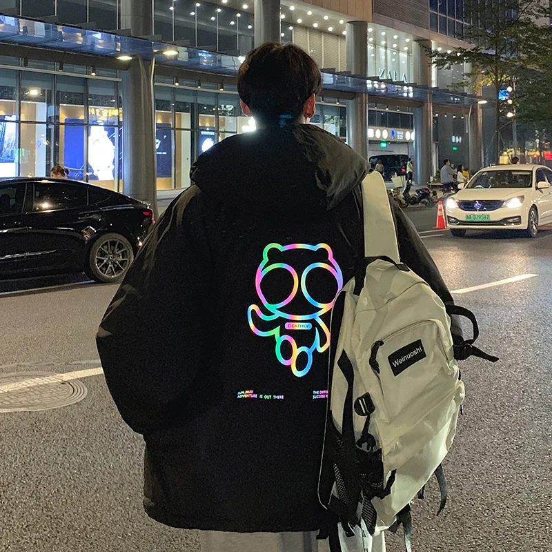 

Winter Men's Thick Warm Parkas Hooded Coat Reflective Cartoon Pattern Back Loose Casual Outwear Black Gray Beige K43