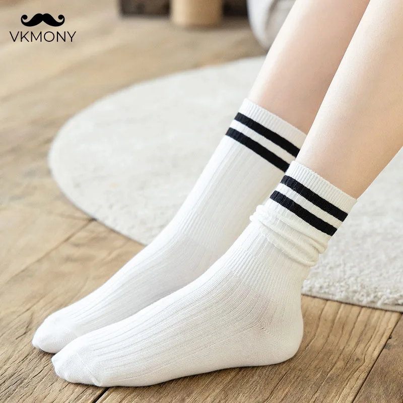 

Женские хлопковые носки 3 пары/Лот, женские носки конфетных цветов с двумя горизонтальными полосками, женские осенне-зимние носки VKMONY