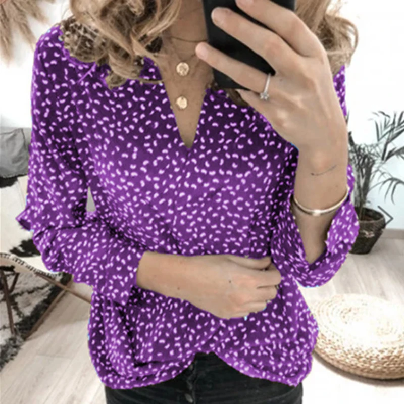 

Spring Autumn Long Sleeve Shirt Women V-neck Loose Blouse Office Lady Polka Dot Ptint Shirts Blouses Plus Size
