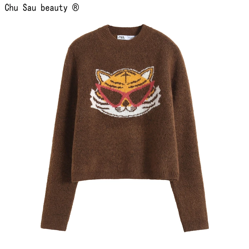 

Женский винтажный жаккардовый свитер, повседневный вязаный прямой пуловер с О-образным вырезом и длинным рукавом, свитер для женщин, весна ...