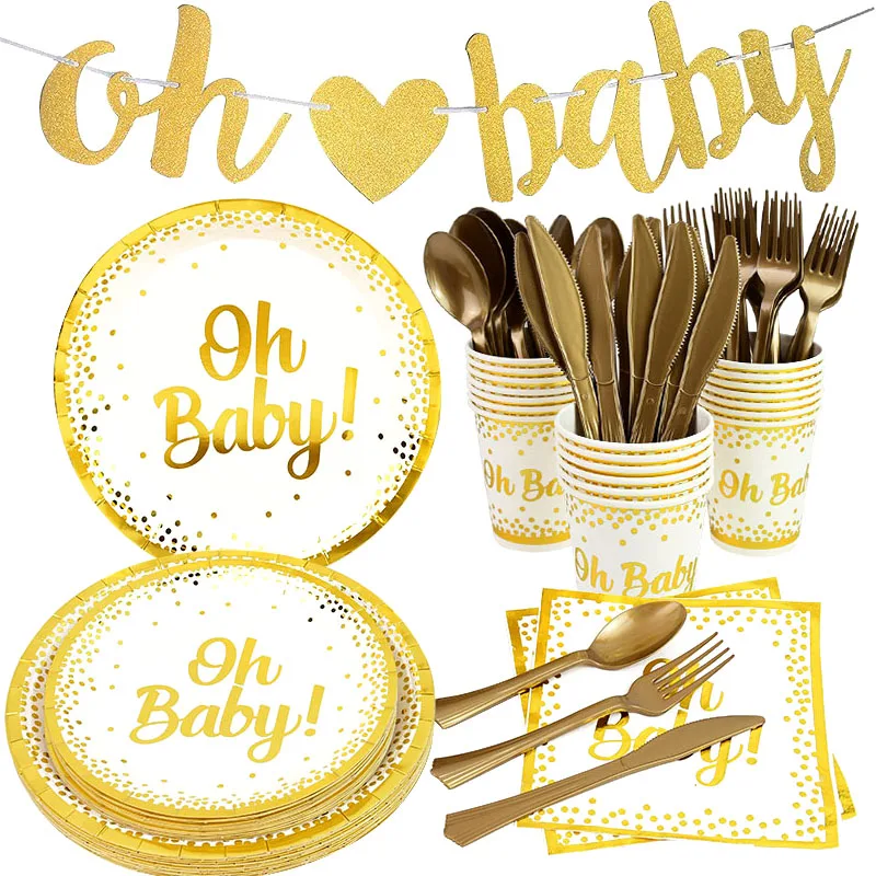 

Oh Baby Party Disposable Tableware Happy Birthday Gold Dot Paper Plates Cups Napkins For Baby Shower Decor Gender Reveal Banner