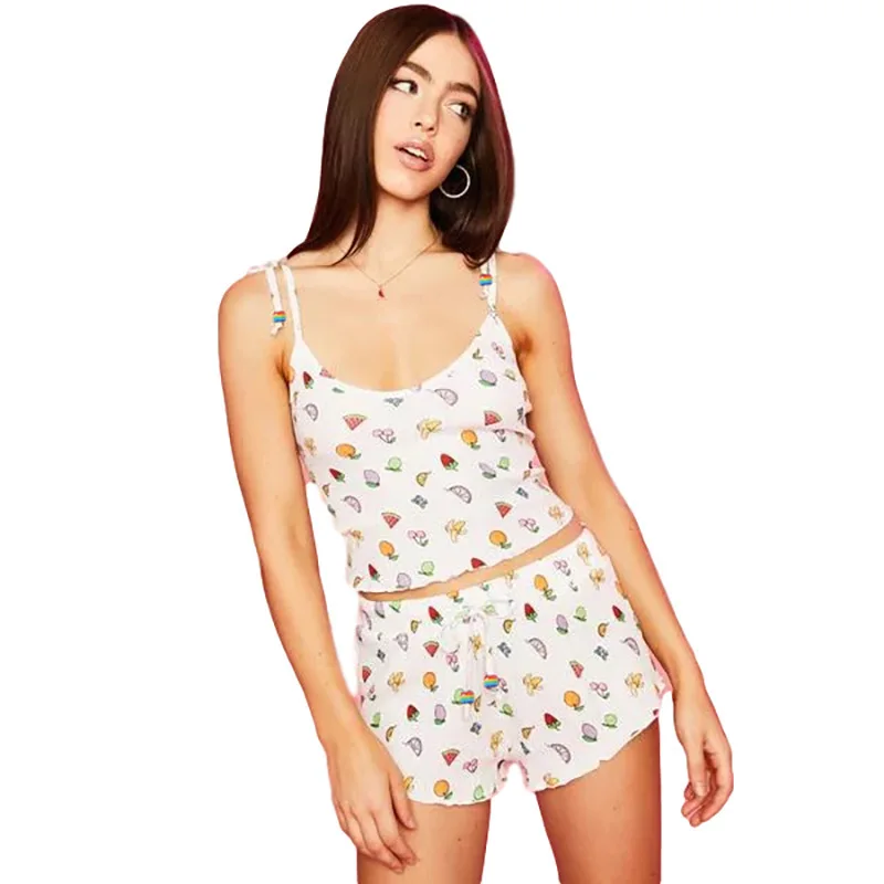 

Casual Fruits Print Cute Harajuku Drawstrings Two Pieces Set Sleeveless Backless Crop Top High Waist Ruched Shorts Street