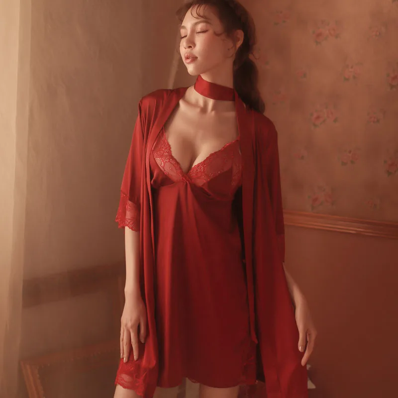 robe and nightdress2 Женская пижама с лямкой на шее и сексуальное ночное белье, комплект для отдыха из двух частей, сексуальные кружевные прозрачные шелковые халаты для - Цвет: robe and nightdress2