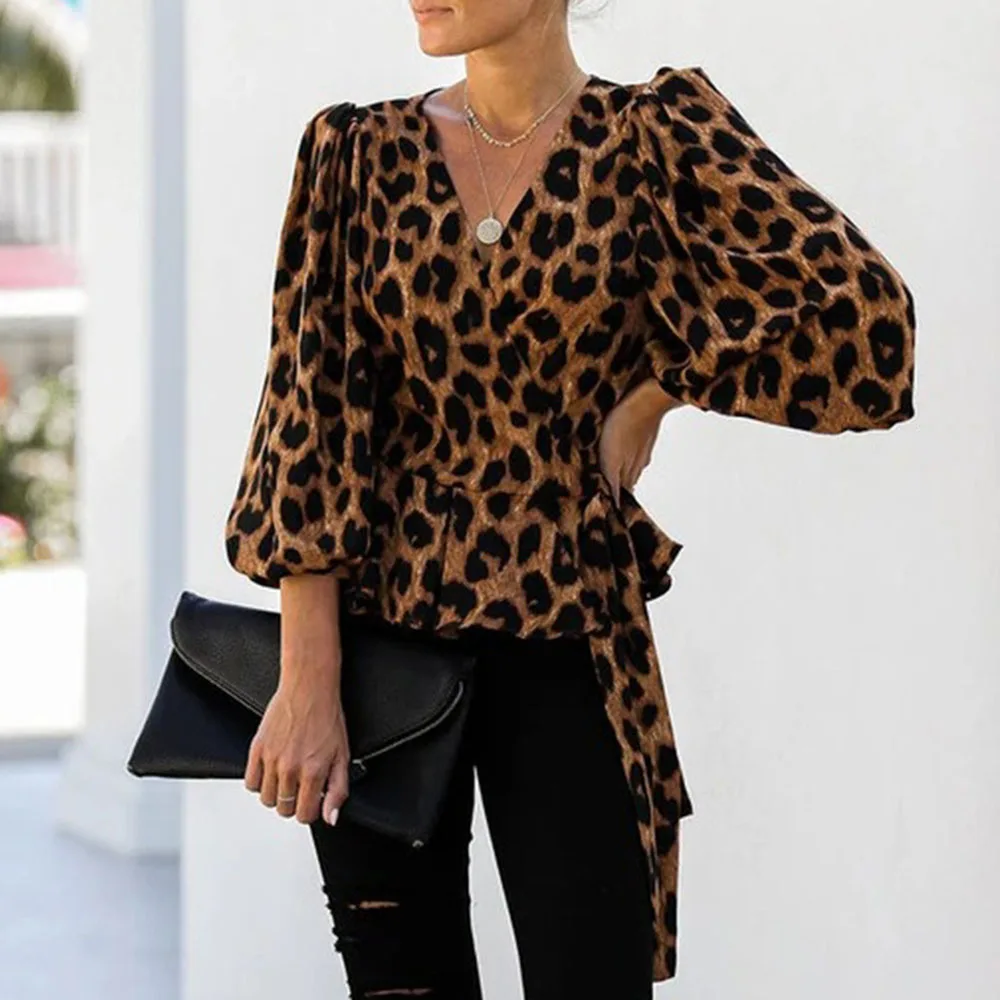 

European American Leopard Print Chiffon Shirt Women Autumn 2021 New Cross-lace Lantern Sleeve Top Women's Clothing