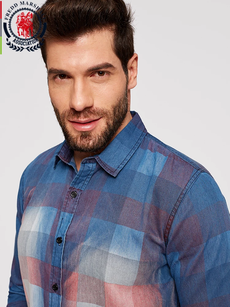 Fredd Marshall новинка 2019 модная цветная джинсовая рубашка для мужчин 100% хлопок