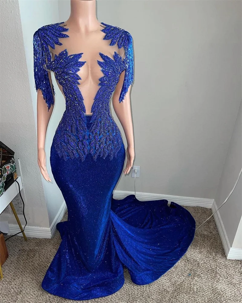 

Sexy Long Dubai Mermaid Prom Dresses Shining O Neck Tassels Illusion Beading Arabic Evening Gown Formal Robes De Soirée