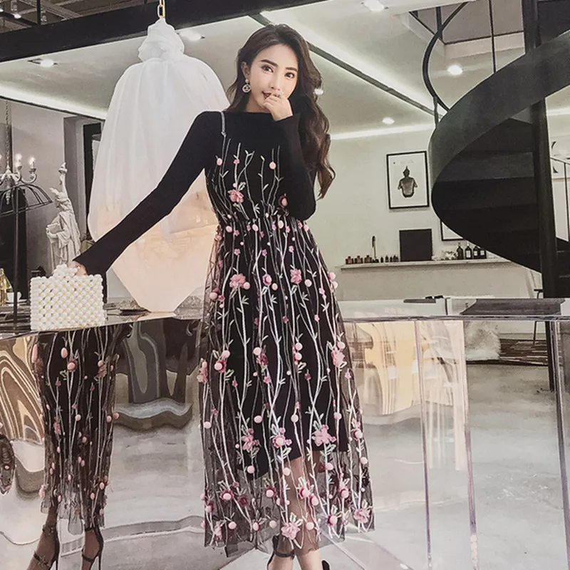 Knitted Dress 2 Piece Set Autumn New Solid Black Sweater Dress and Hairball Appliques Floral embroidery Mesh Sling Dress Sets