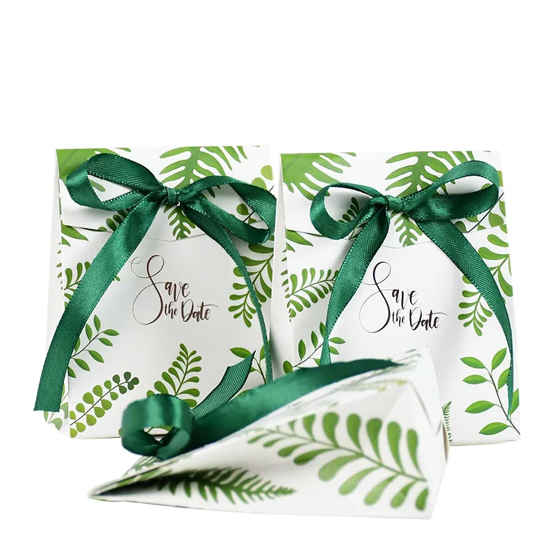 

10pcs Wedding Decoration Green Leaves Candy Box Paper Gift Box with Ribbon Baby Shower Favors Birthday Party Christmas Supplies