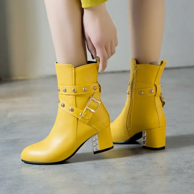 

Women Block Heel Rivet Ankle Boots Round Toe Buckle Boots Fashion Zip Shoes Size
