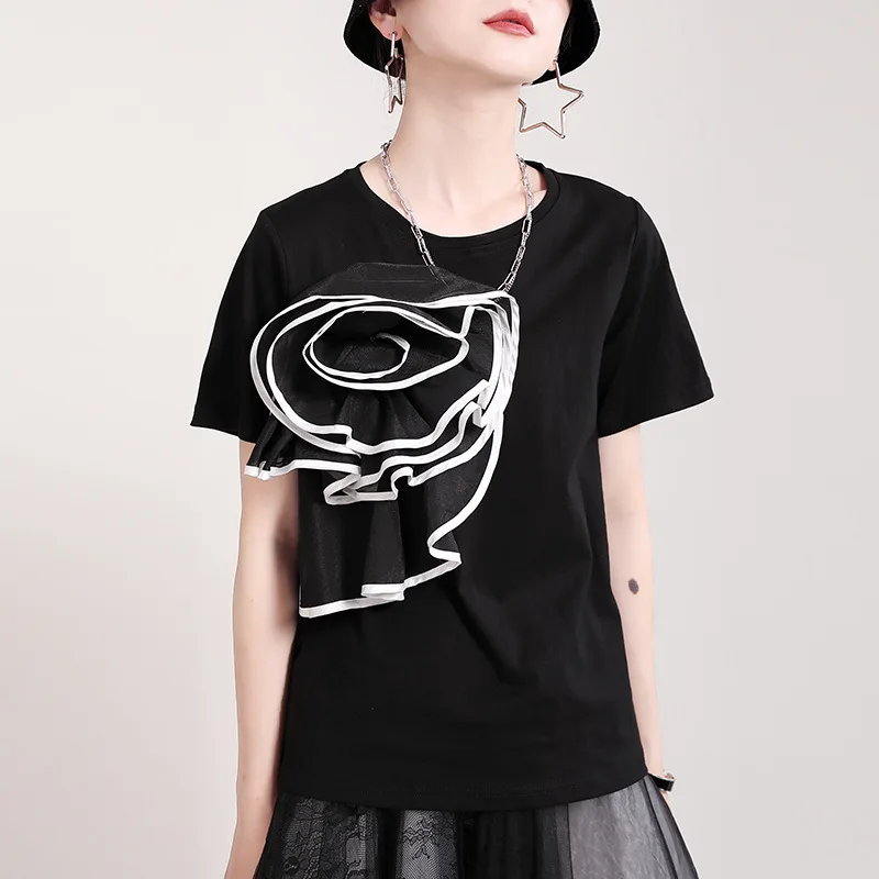 

Женская футболка с оборками и круглым вырезом, черная или белая Повседневная футболка с коротким рукавом, лето 2021