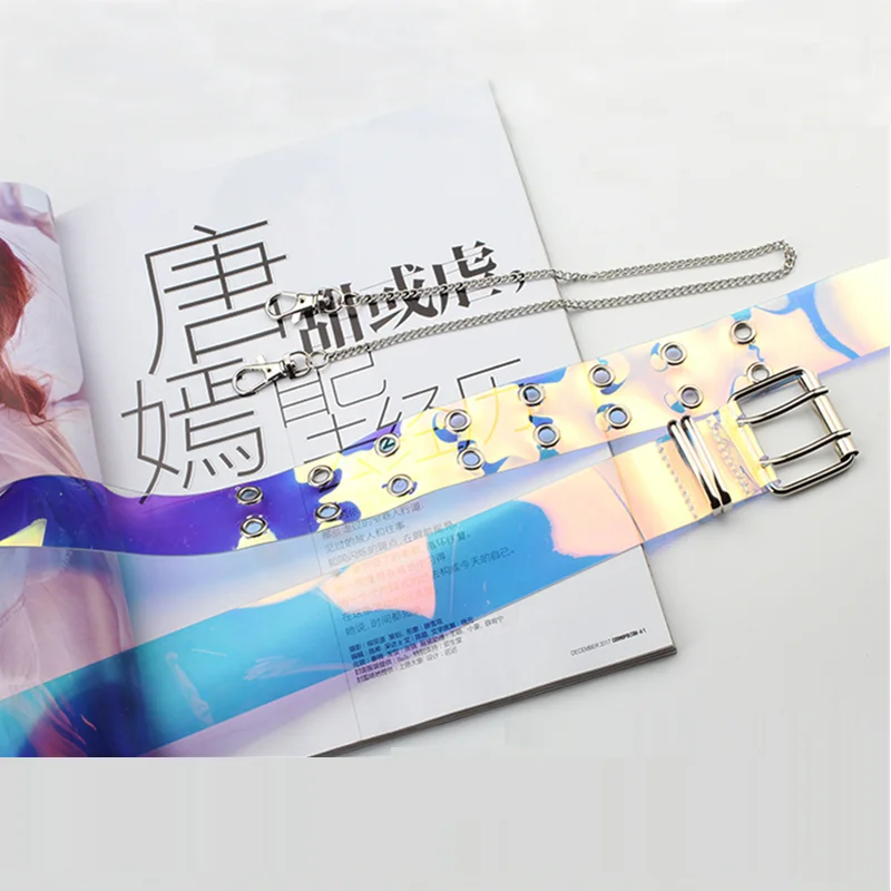 Ремень женский голографический прозрачный с металлической пряжкой язычком |