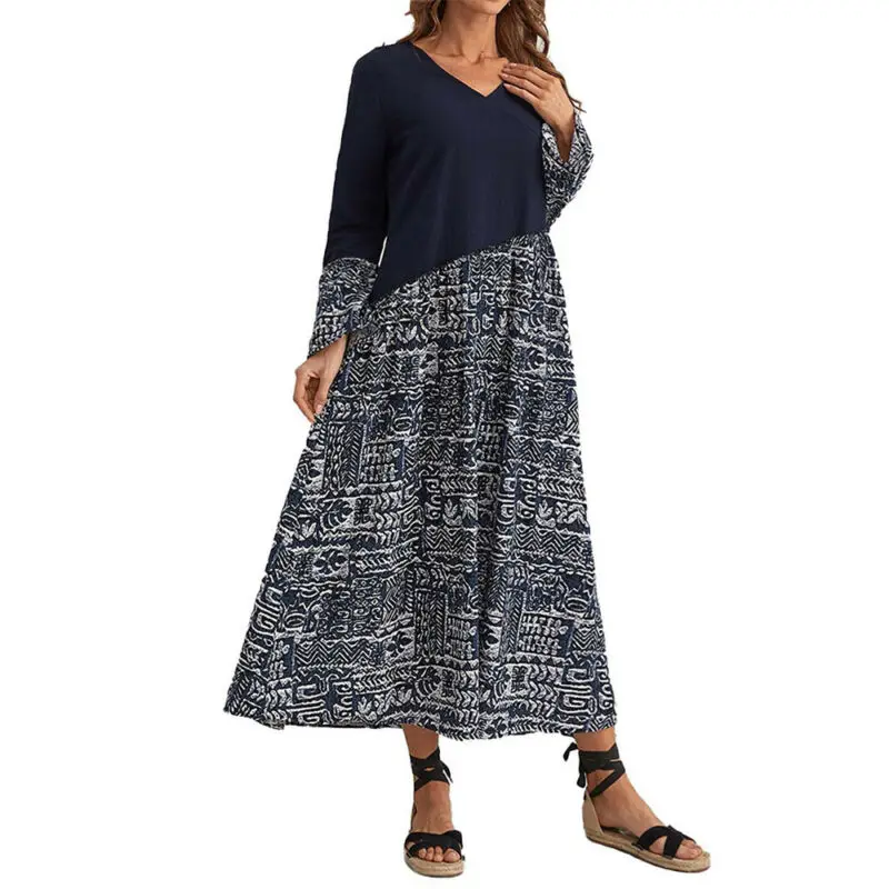

Womens Long Sleeve Dress Holiday V-Neck Ladies Summer 2021 Fashion Beach Casual Loose Patchwork Printed Flower Midi Sundress