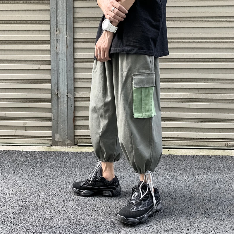 

Summer Korean Casual Pants Men's Fashion Loose Straight Wide-leg Pants Men's Harajuku Streetwear Big Pockets Ankle-length Pants