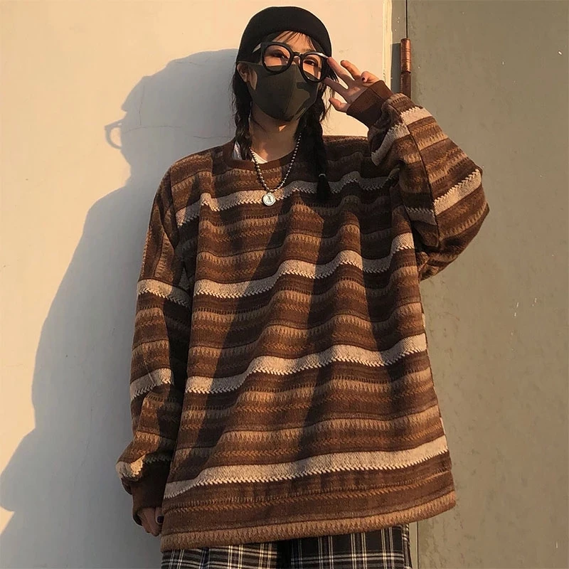 

Unisex High Street Striped Knit Sweater Retro Contrasting Color Hip Hop Couples Kintwear O-Neck Long Sleeve Oversize Pullovers