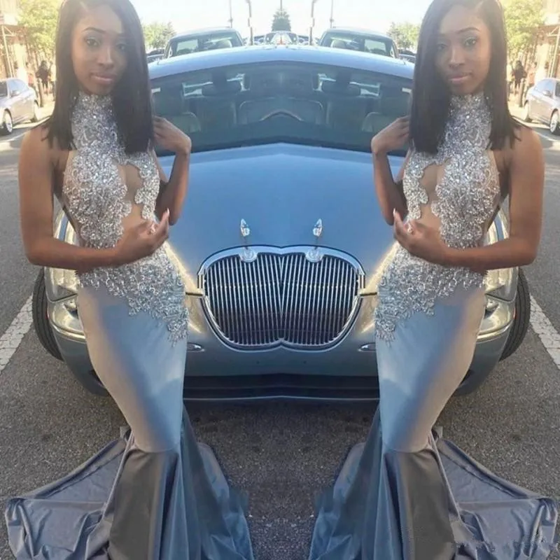 

Silver Mermaid Prom Dresses 2019 Sexy High Neck Keyhole Sequins Lace Appliques Long Evening Gowns Black Girls Party prom dress