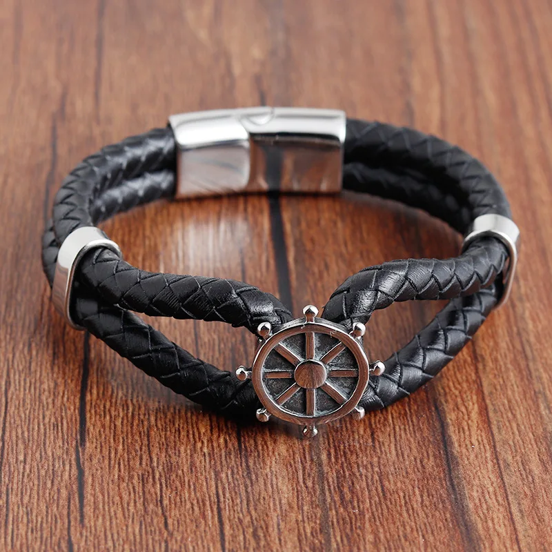 Handmade Retro Rudder Leather Bracelet Vintage Braided Magnetic Clasp Bangle Male Accessories Hand Jewelry | Украшения и