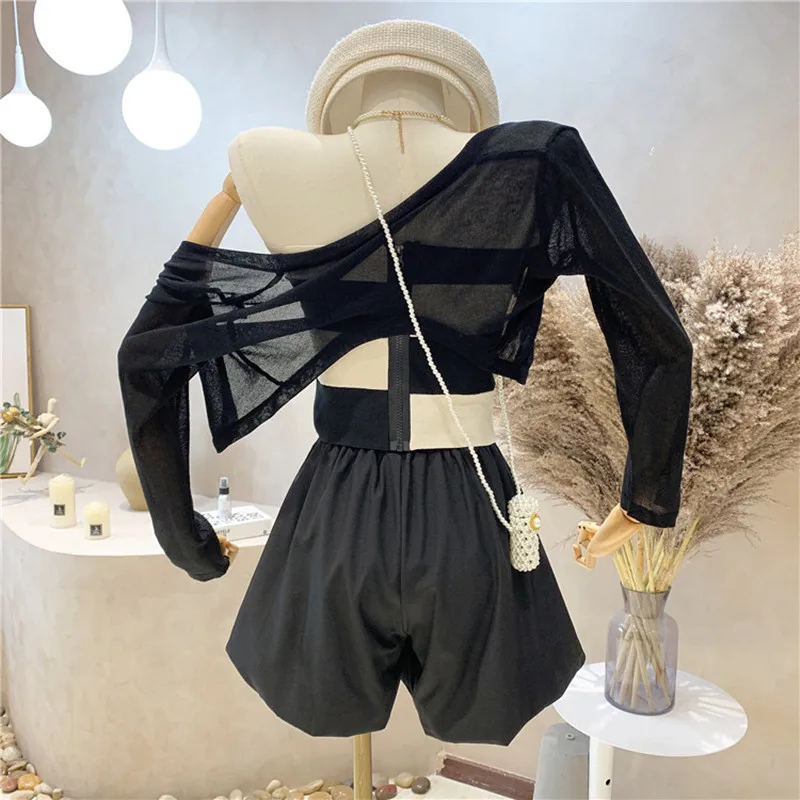 

New Women's Clothing Summer 2021 Long sleeved sunscreen blouse + striped wrap chest + High Waist Shorts Pants Three piece set