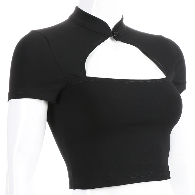 Повседневные Черные женские футболки в китайском стиле Харадзюку короткий рукав