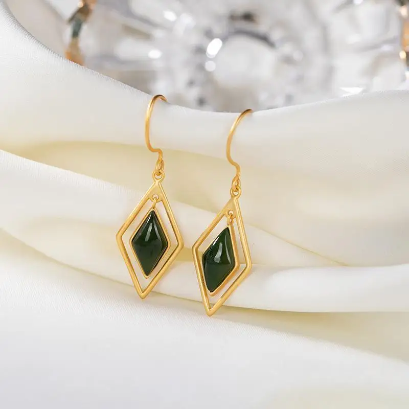 

Original S925 Sterling Silver Gold Inlaid Natural Hetian Jade Court High-End Earrings Personality Geometry Diamond Female Earrin