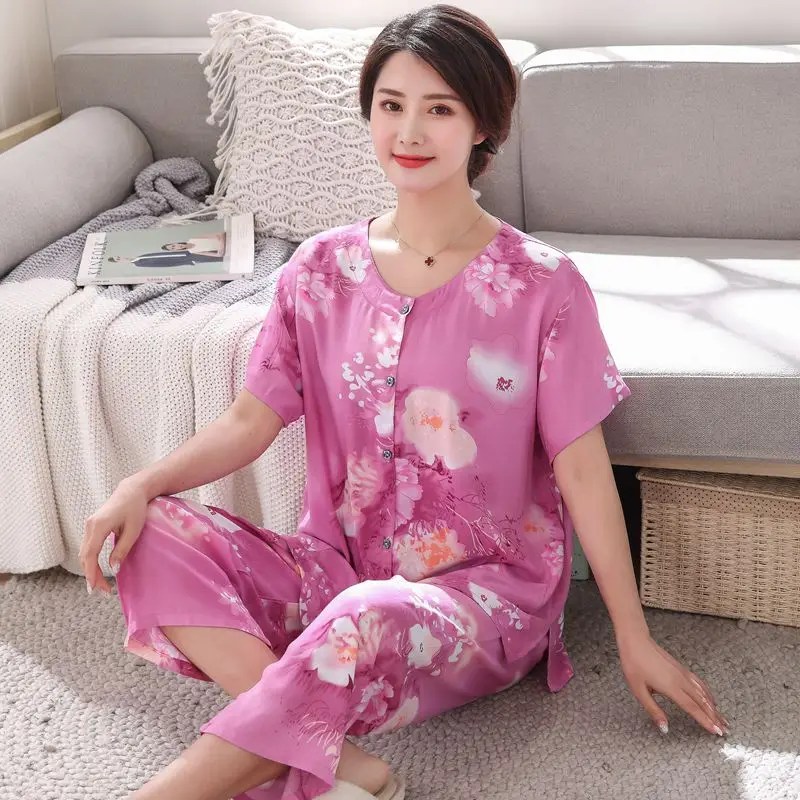 

2PC Women Cotton Pajamas Set Summer New Thin Floral Short Sleeve Loose Sleepwear Casual Homewear Female Pyjamas Plus Size 3XL