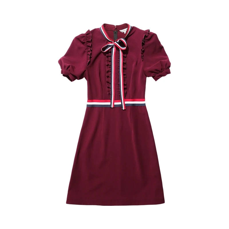 

Dabuwawa Summer Bow A-Line Striped Midi Dress for Office Lady Women New Burgundy Red Lattern Sleeve Vintage Dress DN1BDR025