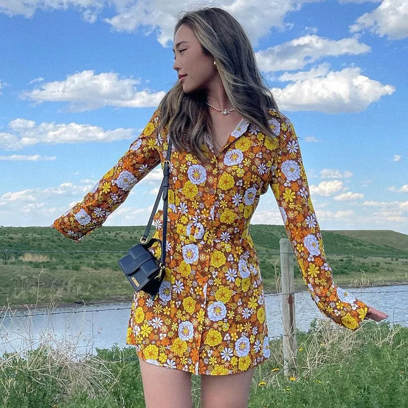 

Женское винтажное платье-рубашка с цветочным принтом, зеленое мини-платье с длинным рукавом и высокой талией, осень 2021