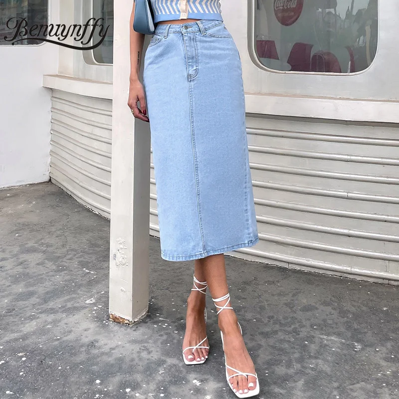 

Benuynffy High Waist Denim Skirt Women New Spring and Autumn Solid Casual Streetwear Ladies Split Back Jeans Long Skirts 2021