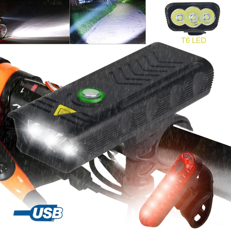 Водонепроницаемый MTB велосипед светильник USB Перезаряжаемые 3 * светодиодный