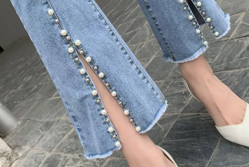 

Women's Jeans High Waist Stretch Skinny Flared Denim Pants 2021 Spring Fashion Washed Elastic Split Beaded Slim Trousers f122