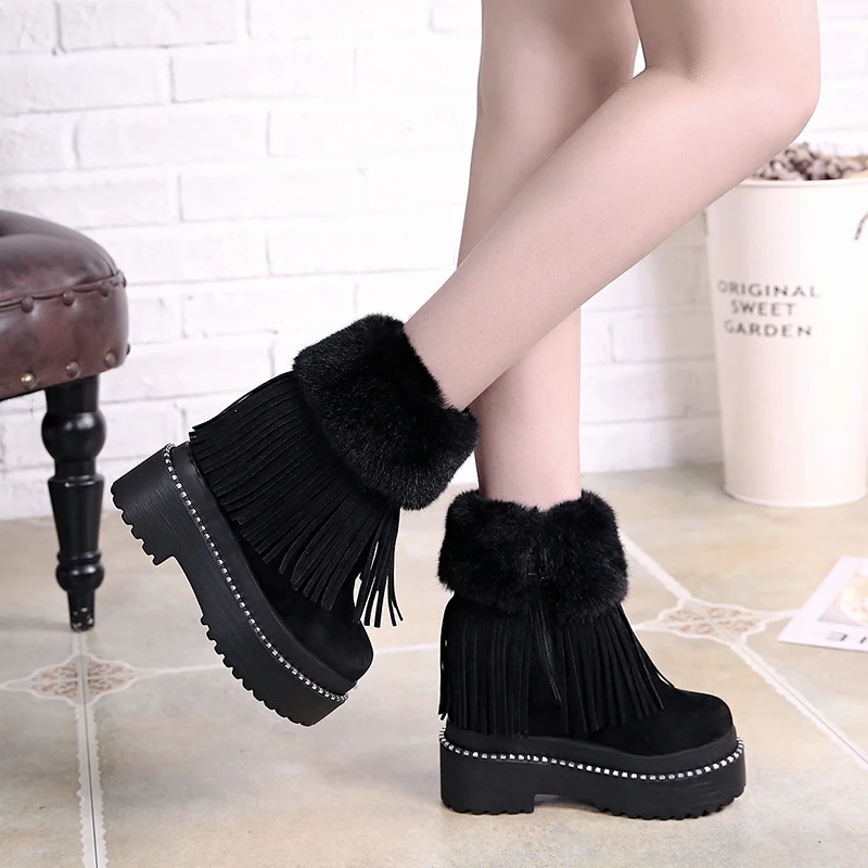 Winter Women Ankle Boots 2020 New Female Tassel Cotton Shoes Wedge Heels High Platform Sneakers Warm Rabbit Fur Snow Short | Обувь