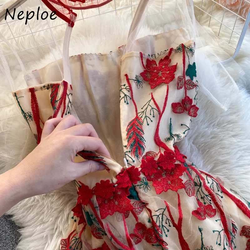 

Neploe Heavy Work Flower Embroidery Vintage Dress Women O Neck Mesh Short Sleeve Vestido High Waist Hip Print A Line Robe Summer