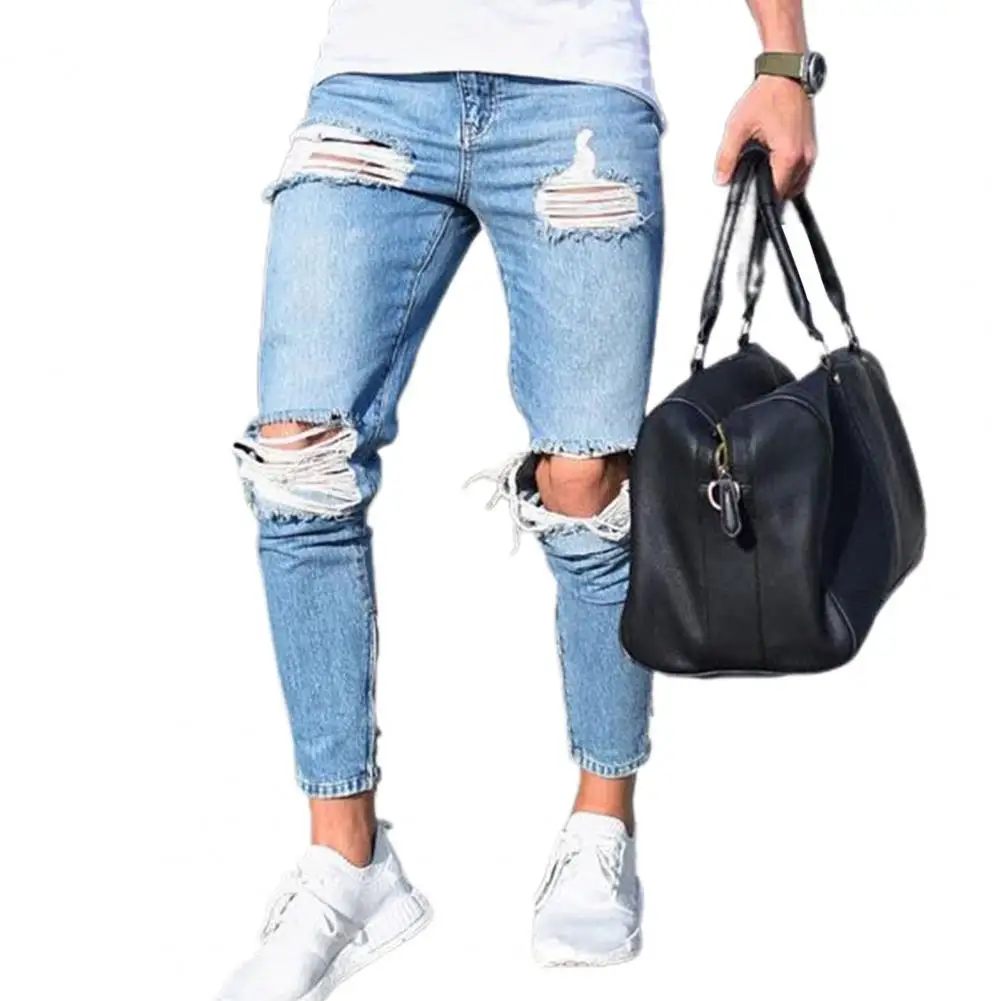 

2021 Summer Fashion Men's Denim Pants Hip Hop Holes Stretch Breathable Cotton Blend Ankle Pants Daily Wear Casual Jeans
