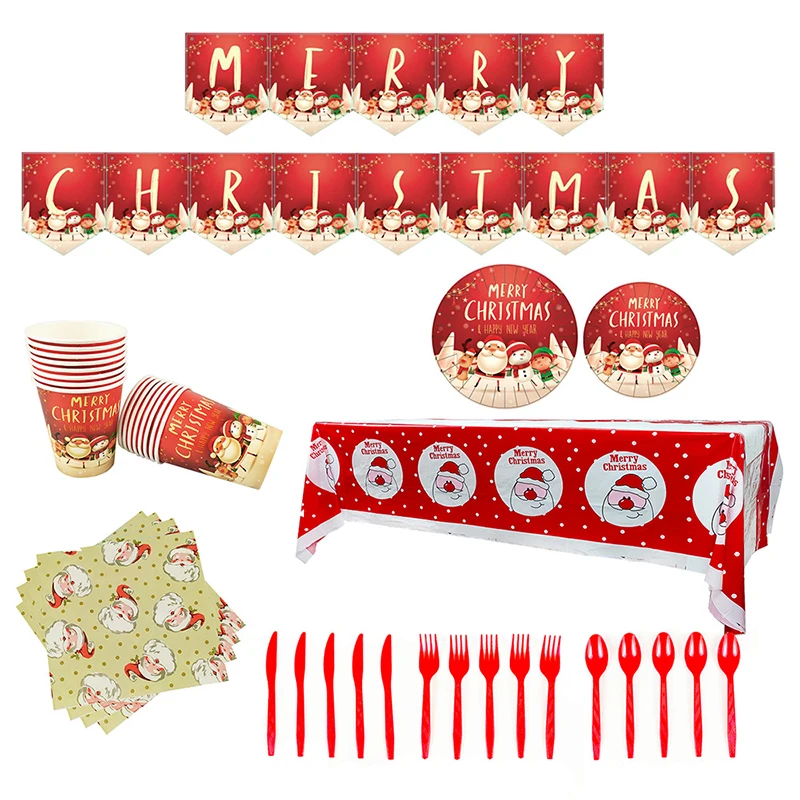 

Christmas Tableware Set Santa Disposable Paper Cups Plates Tablecloth Bunting Party Supplies