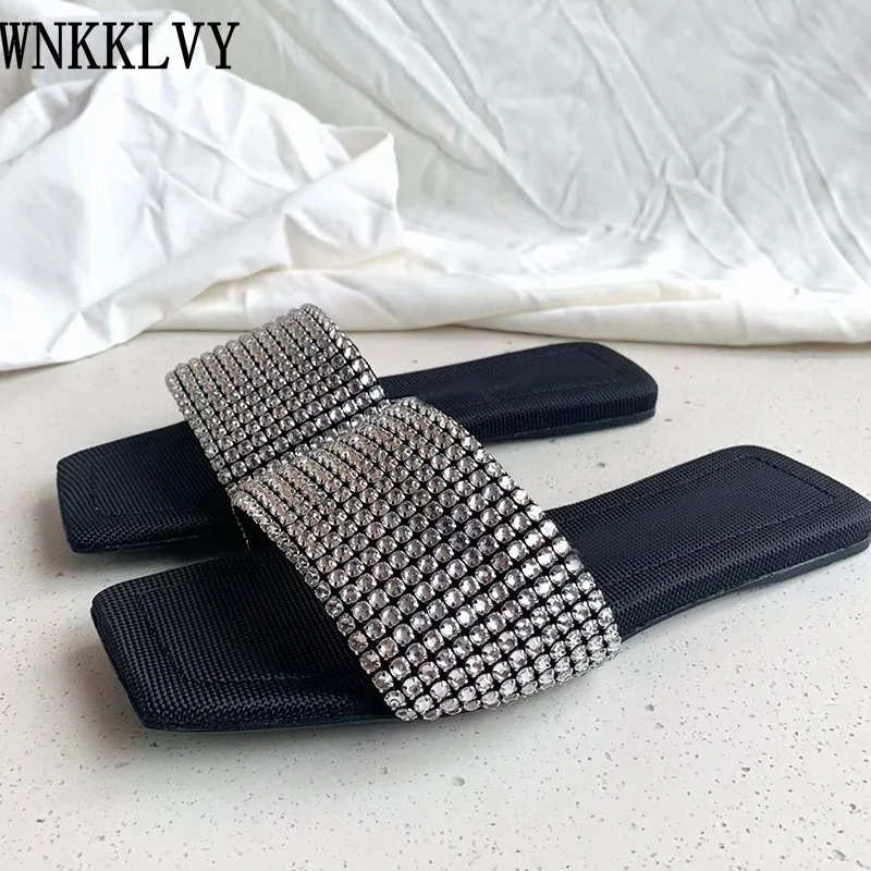 

Bling Bling Rhinestone Slippers Women Flat Open Toe Sandals Summer Comfort Vacation beach Sandalias Lazy Mules For Girls